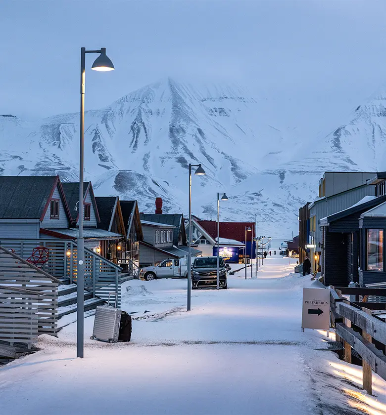 Illuminated, snow-covered road