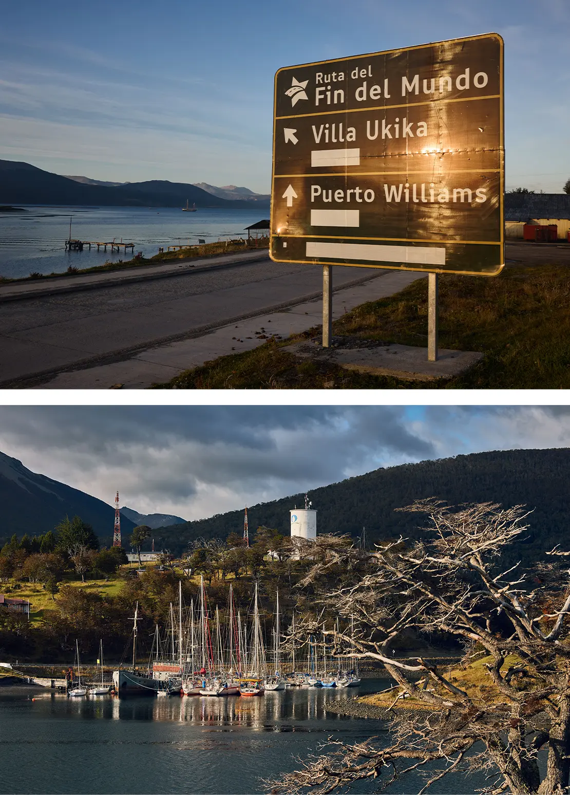 Road sign with the place name “Puerto Williams” by the water and sailing boats lie in a small harbour in front of wooded hills