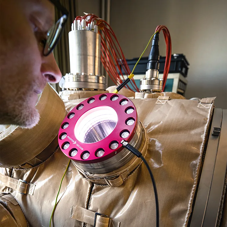 Person looking into the viewing window of an apparatus