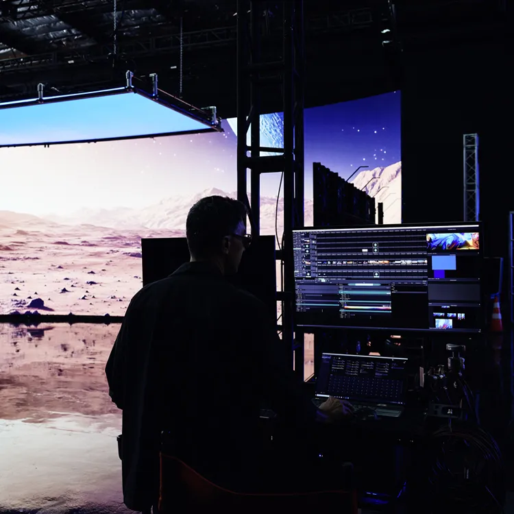 View into studio with film setup and LED screens